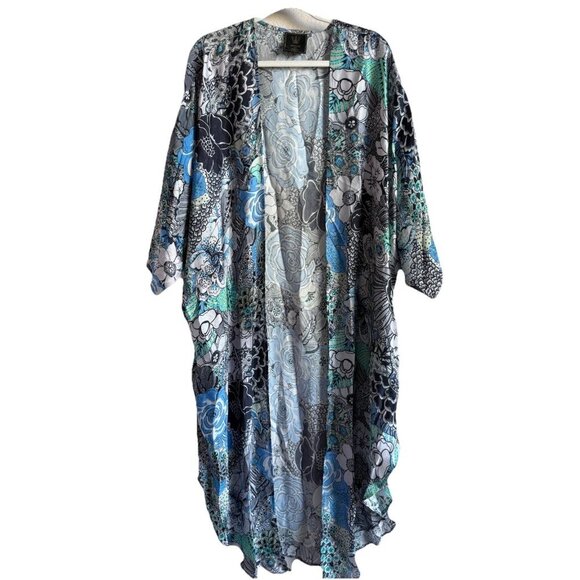 Winton + Waits Women Floral Bombay Blue Kimono Duster Open Front Boho OSFM Beach - Picture 1 of 15